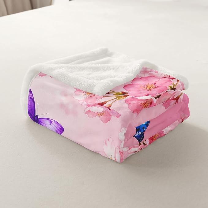 Feelyou Girls Pink Butterfly Fleece Throw Blanket Twin 60"x80" Kids Cherry Blossom Sherpa Blanket Plush Fuzzy for Bed Couch Chair Living Room, Floral Flower Bed Blanket Room Decor
