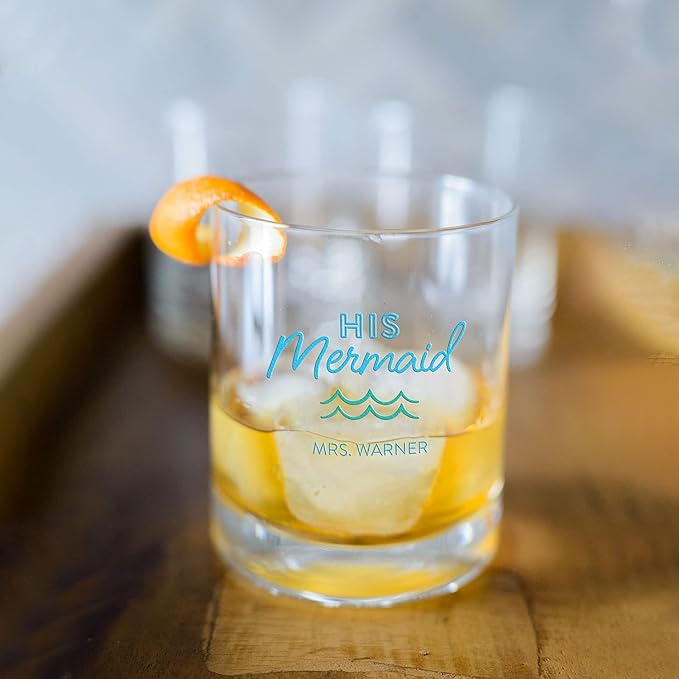 WEDDINGSTAR Personalized Whiskey Glass 11oz - His Mermaid Print