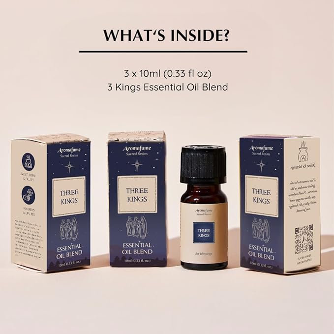 Three Kings Resin Essential Oil Diffuser Blend | 3 x 10ml / 0.33 fl oz | Ideal for Spirituality & Rituals | Made with Pure Boswellia, Serrta & Benzoin extracts | Non-Alcoholic, Non-Toxic & Vegan