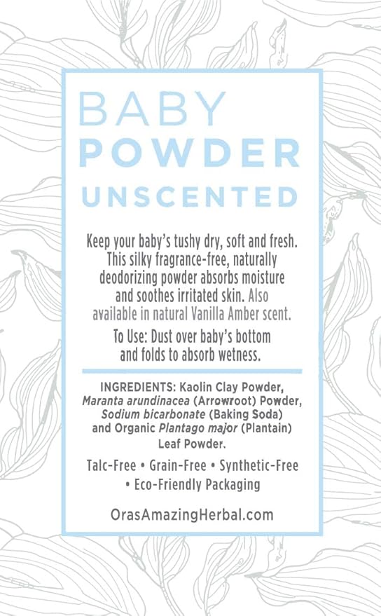 Ora's Amazing Herbal Talc Free Baby Powder, Cornstarch Free, Unscented Fragrance Free Arrowroot Powder