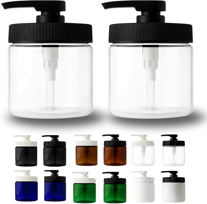 Royal Massage 16oz Refillable Pump Jar with Locking Dip Tube Dispenser – BPA-Free Plastic Container for Massage Oils, Lotions, Creams – Ribbed Lid Wide-Mouth Jar – Durable & Reusable (Clear/Black, 2)