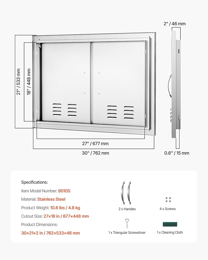 VEVOR Outdoor Kitchen Doors, 30W x 21H Inch, 304 Stainless Steel Double Doors with Vents, BBQ Access Door with 2 Detachable Handles and 6 Hooks, for BBQ Island