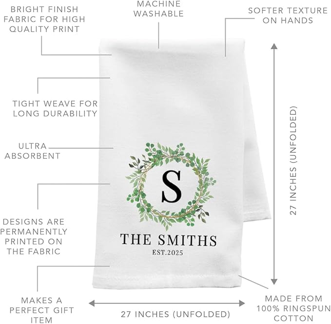 Andaz Press Personalized Kitchen Towel, Flour Sack Tea Towel, Greenery Monogram Custom Name Year Birthday for Mom Daughter Grandma, Wedding Gift Housewarming Gift for Couples