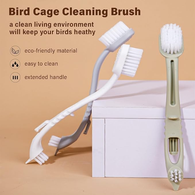 Bird Cage Cleaner with Double Brush Heads Long Handle Cleaning Tool for Small Animal Ferret Bunny Guinea Pigs Cages Food Bowl Pads Groomming (2PC)