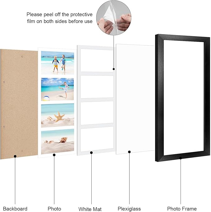 7x17 Collage frame with 4 Openings 4X6 Pictures, Multiple Picture Frame with Mat, Wall or Tabletop Decor, Black Wood Grain,2 Pack