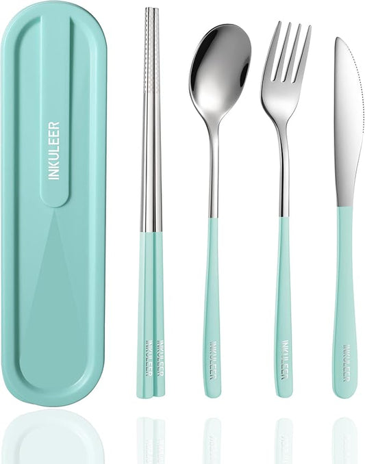Travel cutlery set, 18/8 stainless steel cutlery, Reusable utensils set with case, Portable Silverware Lunch Box for Camping and Office (Bule)