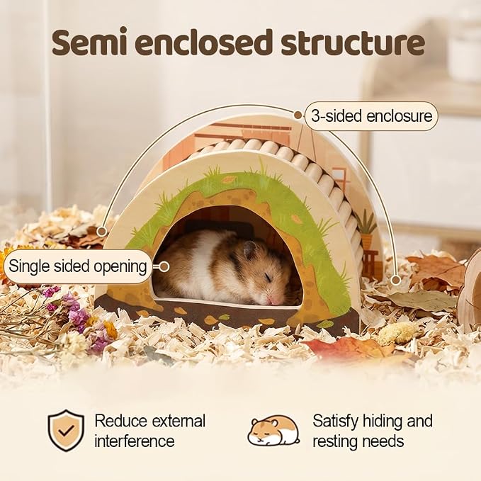 DONGKER Small Animal Hideout, Wooden Gerbil Shelter with Open Bottom for Hamster Hedgehog Reptile Burrowing and Resting