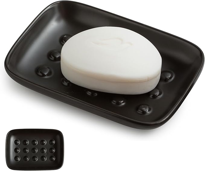 Soap Dish, Ceramic Soap Holder Shower Soap Dish for Bar Soap Sponge, Soap Saver Tray for Bathroom Kitchen Sink, Black