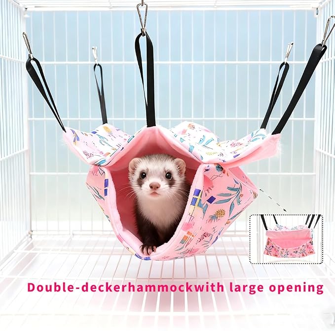 4 Pack Ferret Hammock Set, Hanging Soft Small Animal Hammocks with Hideout,Tunnel and Double Layer,Cage Accessories for Ferret,Rats,Sugar Glider,Squirrel (Pink)