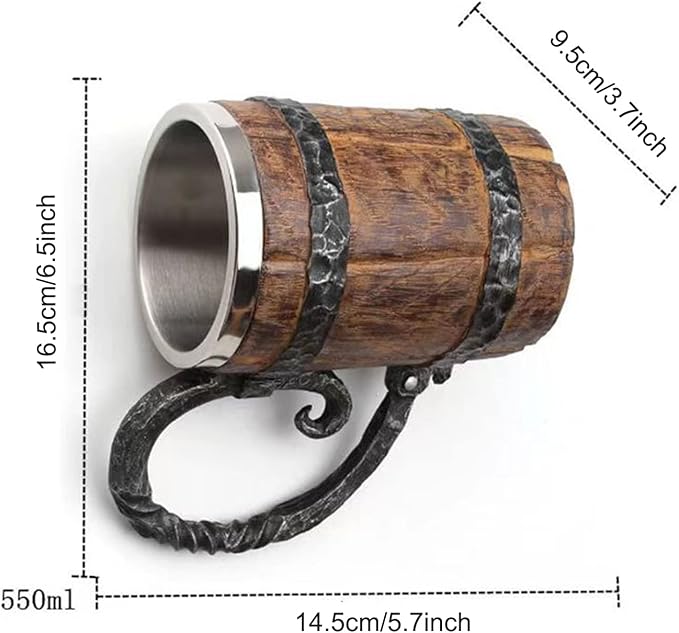 Wooden Beer Mug Beer Barrel, Large Viking Cup Wood Style Beer Mug Tankard with Handle, Antique gifts for Men Bar Restaurant Vintage Bar Accessories(18.60oz/550ml)