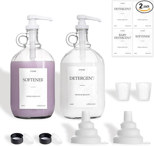 2 Pcs Glass Laundry Detergent Dispenser, Half Gallon Liquid Laundry Soap Dispenser for Laundry Room (64 oz. Each), Laundry Detergent Bottles with Pump Dispenser -Includes Labels, Funnel, Measuring Cup
