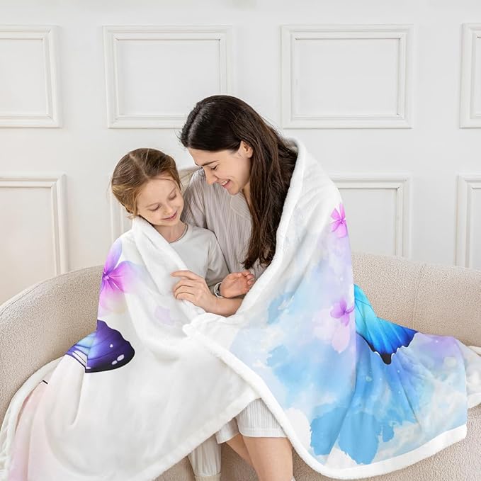 Feelyou Girls Blue Fleece Throw Blanket Twin 60"x80" Kids Watercolor Butterfly Sherpa Blanket Plush Fuzzy for Bed Couch Chair Living Room, Cute Dreamy Garden Bed Blanket Room Decor