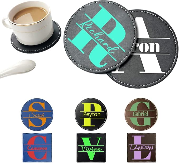 Custom Name Coasters, Personalized Monogram Split Letter PU Leather Coaster, Customize Non-Slip Heat Resistant Waterproof Reusable for Coffee Table Bar Beer Wine Cup Housewarming Home Wedding Party