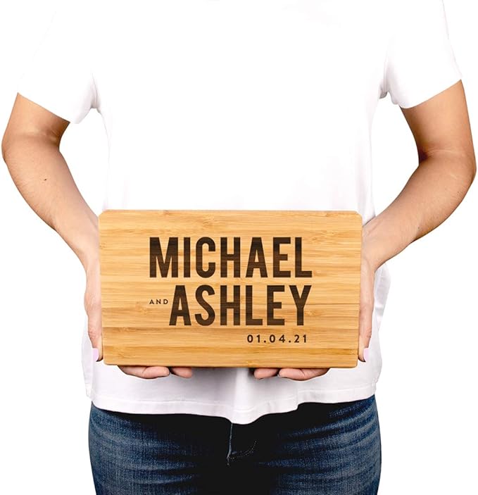 Andaz Press Personalized Laser Engraved Small Bamboo Wood Cutting Board, 9.5 x 6-inch, Bride and Groom Bold Names and Date, Custom Chopping Wedding Bridal Shower Anniversary Birthday Gift Ideas