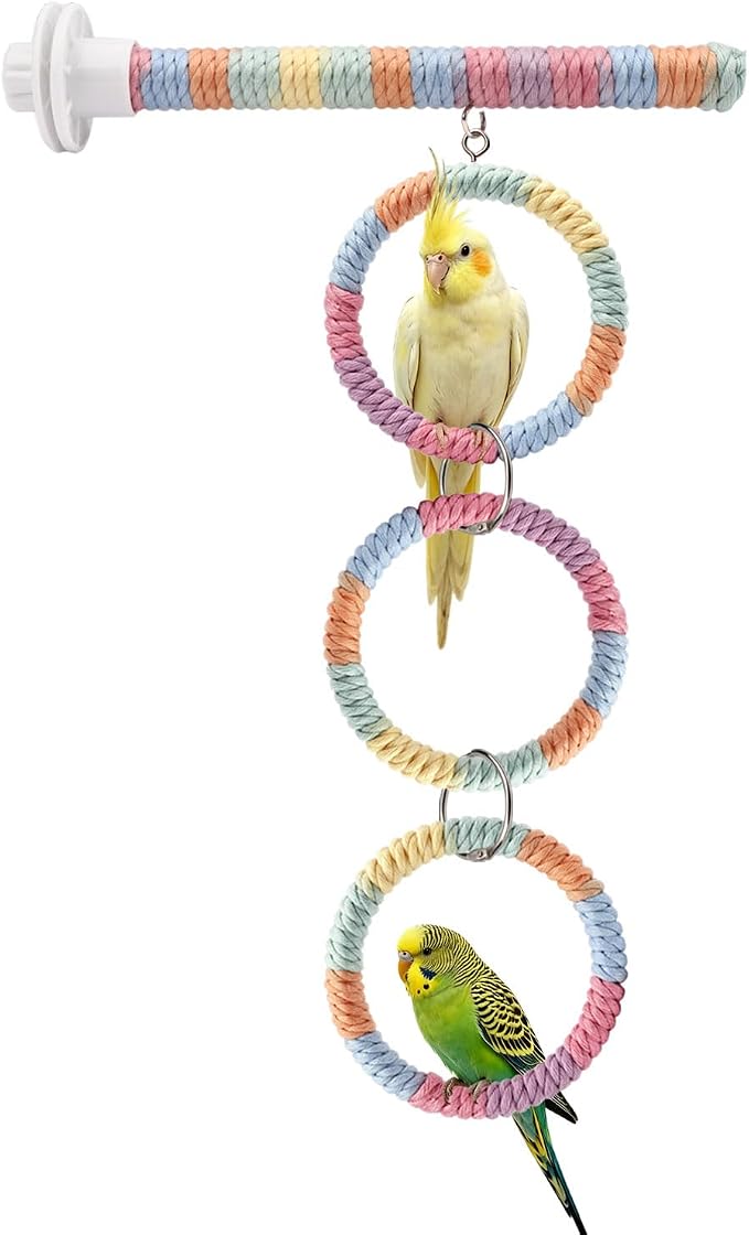 Litewoo 3-Ring Bird Swing Parrot Perch Colorful Cotton Rope Chew Climbe Toy | Colorful soft cotton rope, adjustable length for multi-level play, durable metal connections, for parakeet/budgie/conure