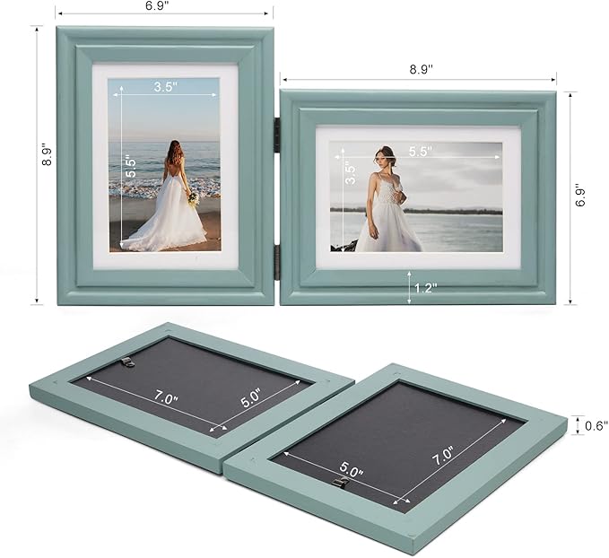 Vertical & Horizontal 5X7 Picture Frames Double Hinged Wood Folding Photo Frames with Real Glass Front Fit for Desktop or Tabletop Display Pictures 4x6 with Mat or 5x7 Without Mat, Teal Blue