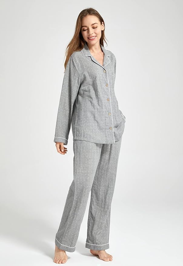 Womens Pajama Sets 100% Double Gauze Cotton Linen Like Muslin Pajamas Long Sleeve Button Down Sleepwear Soft Pjs Lounge Set