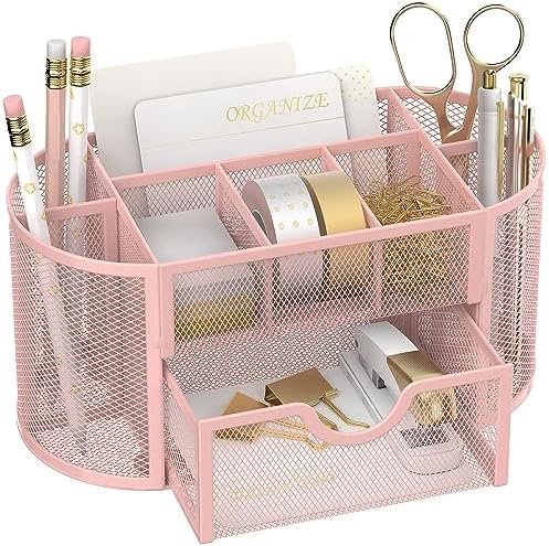 Mesh Desk Organizer with Drawer, 9-Compartment Pen Holder for Desk, Pink