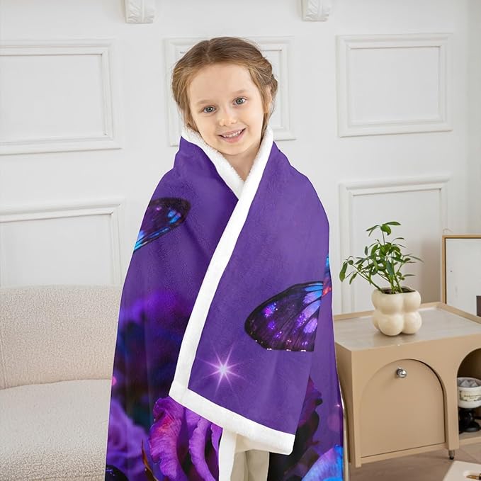 Feelyou Girls Butterfly Fleece Throw Blanket Twin 60"x80" Kids Dreamy Purple Sherpa Blanket Plush Fuzzy for Bed Couch Chair Living Room, Rose Flower Bed Blanket Butterflies Lover Room Decor