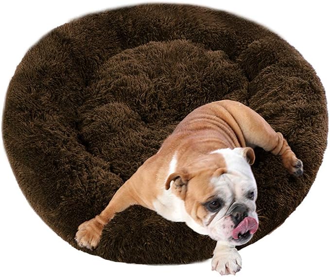 Plush Calming Donut Dog Bed for Small to Medium Dogs, 28 Inch Round Pet Bed | Soft Faux Fur Puppy Bed with Raised Rim for Curling and Head Support; Washable Round Pet Bed for Small to Medium Dogs or Cats