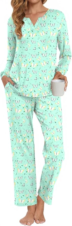 Anyally Women's Plus Size Pajama Sets Ladies Fall Pjs 2 Pieces Lounge Outfits V Neck Long Sleeves Sleepwear with Pockets