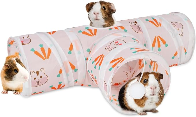 Rypet Guinea Pig Tunnel Hideout 3-Way Collapsible Pet Tubes, Carrot White | 3 Way Design for Exploration, Collapsible for Easy Storage, Built-in Play Ball, Hiding & Resting for Hamsters Ferrets