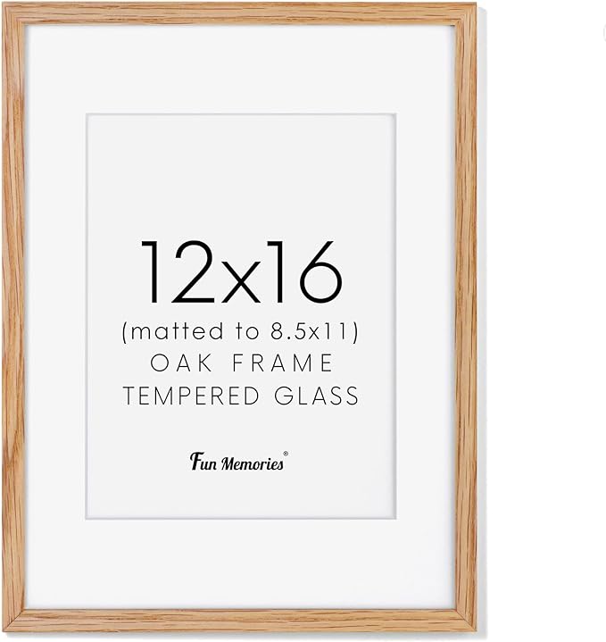 12x16 Picture Frame, Solid Oak Wood 12 x 16 Frame for Wall, 12 by 16 Picture Frames with Real Glass, 12x16 Frame Matted to 8.5x11, Rusitic Wood 12"x16" Poster Frame, Natural Oak Color, 1 Pack