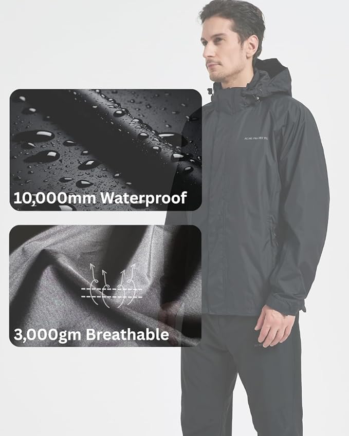 Acme Projects Men Waterproof Rain Suit (Jacket & Pants) 10000mm/3000gm Breathable Windproof Taped Seam Lightweight Gear