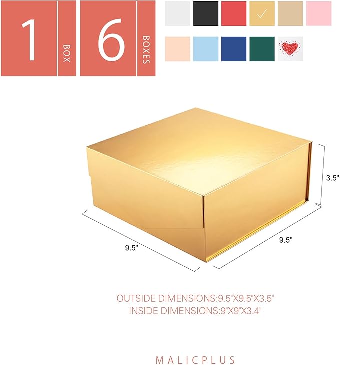 Gift Box with Lid 9x9x3.4 Inches, Gold Groomsman Proposal Box with Magnetic Closure for All Occasion(Glossy Gold)