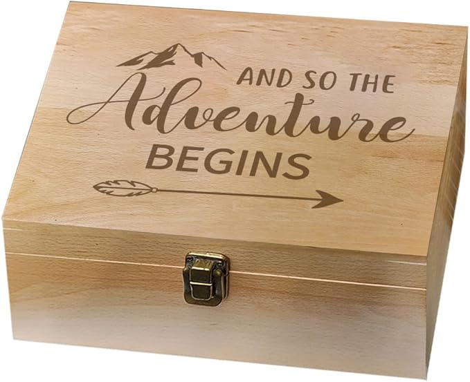arricraft 1 Pc Wooden Memory Keepsake Box, Adventure Theme Memory Box with Hinged Lids Keepsake Chest for Souvenirs Picture Letter Storage 9.6x7.6x4inch(24.5x19.5x10.3cm)