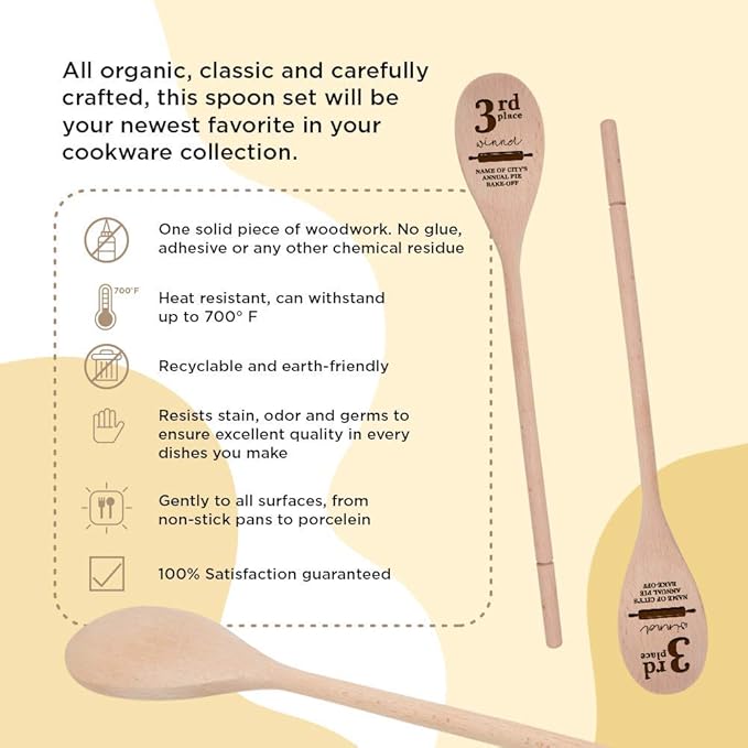 1st, 2nd and 3rd Place Winner-14 Inch Kitchen Spoons Set of 3, Personalized Custom Engraved in USA, Wooden Cooking Utensils, Chili Cook Off Showcase Party Prizes Contest Favor (Baking)