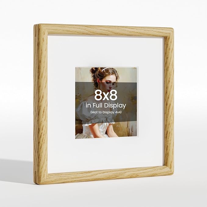 8x8 Picture Frame Natural Oak Wood From California-USA with Real Tempered Glass, Handcrafted 8 x 8 Photo Frame Matted to 4x4 Wedding Photo,Family Picture,Graduation Picture Display on Table & Wall