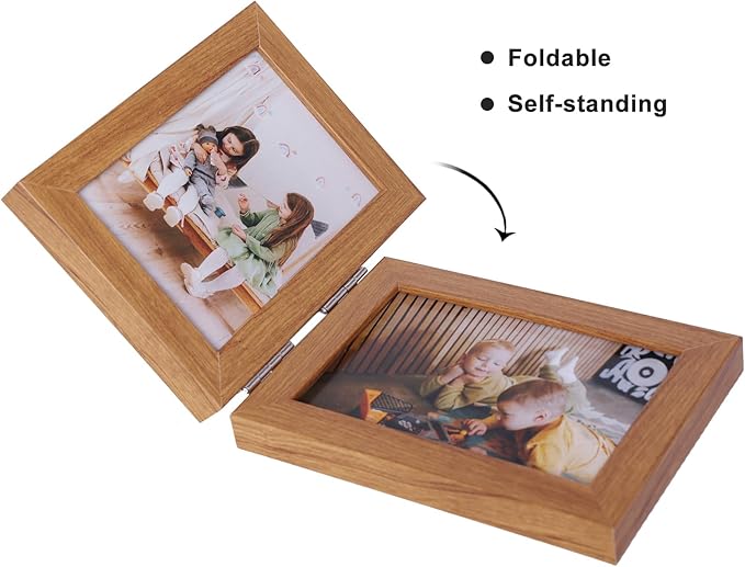 Double Vertical And Horizontal 4X6 Hinged PS Family Picture Frame Collage For Desktop or Tabletop (Wood Grain 4664)