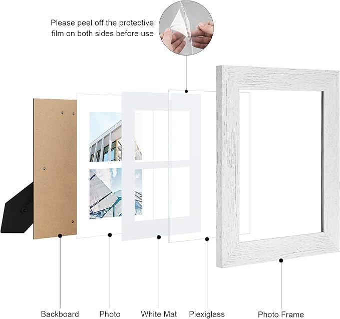 8x10 Picture Frame Display Double 4X6 Picture Frame Collage,Multi Photo Frame with Mat,Plexiglass,Wall or Tabletop Decor,Distressed White Wood Grain