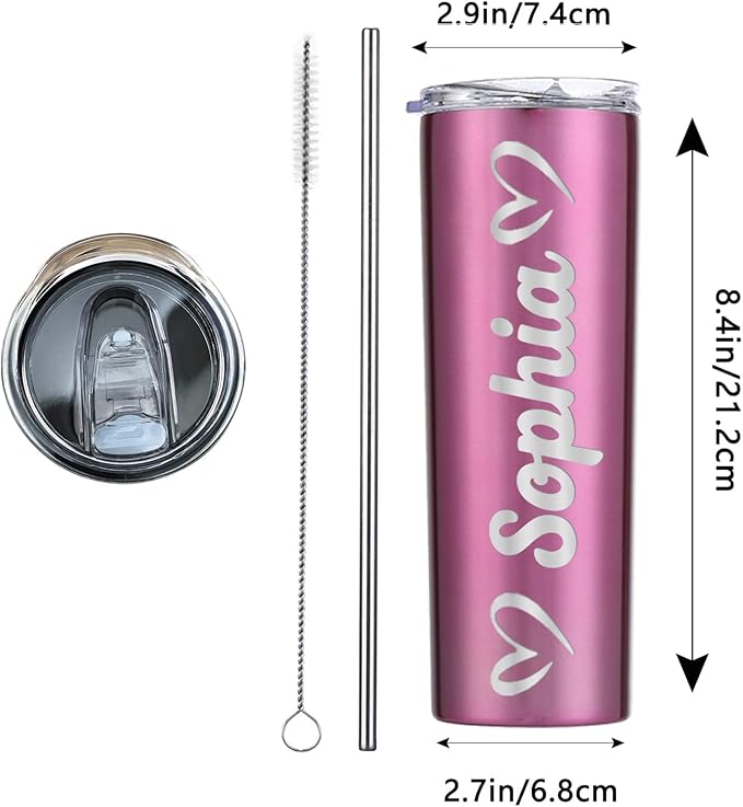 Personalized Skinny Tumbler with Lid and Straw Custom Engraved Insulated Stainless Steel Cup with Name Text Customized Gifts for Women Men Him Her Dad Mom 20oz
