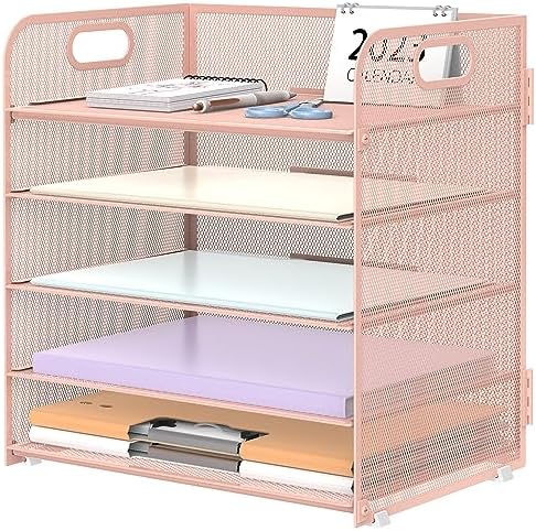 Supeasy 5 Trays Paper Organizer Letter Tray with Handle-Mesh Desk File Holders, Paper Sorter Desk Organizer for Office, Home, Classroom or School, Pink