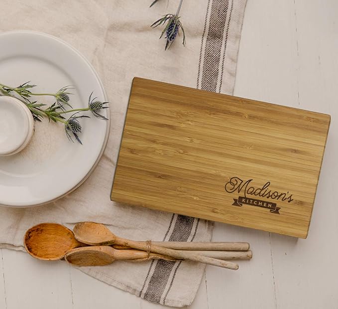 Andaz Press Personalized Laser Engraved Small Bamboo Wood Cutting Board, 9.5 x 6-inch, Custom Name's Kitchen Small Right Corner Wedding Bridal Shower Anniversary Housewarming Birthday Gift Ideas