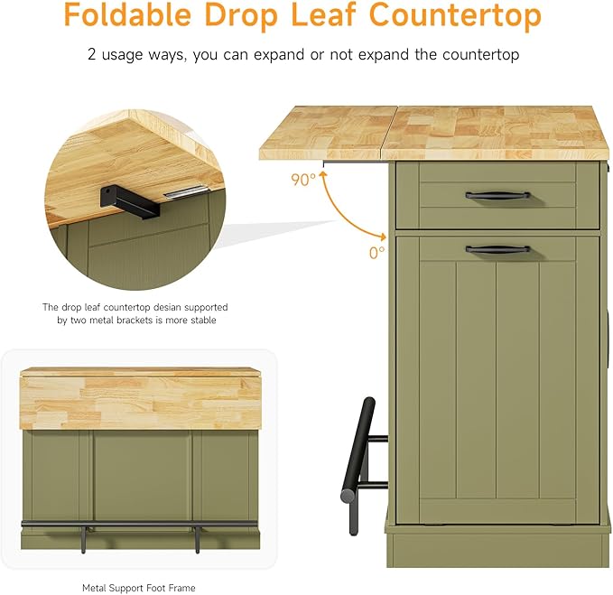 ONBRILL Stationary Kitchen Islands Include 2 Chairs, 47" Kitchen Island with Drop Leaf, Home Bar Table with Spice Rack & with Trash Cabinet, Island Table for Dining Room with Power Outlet, Green