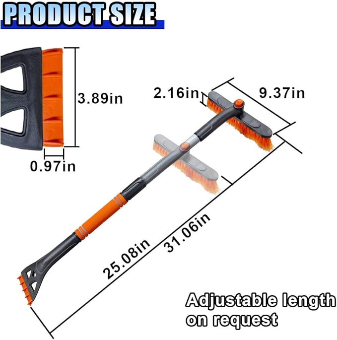 31.5" Detachable Snow Brush and Ice Scraper for Car Windshield, 2-in-1 Winter Snow Removal Tool with Extendable, 360° Rotating Soft Bristle Brush Head and Foam Grip for Most Vehicles (Orange)