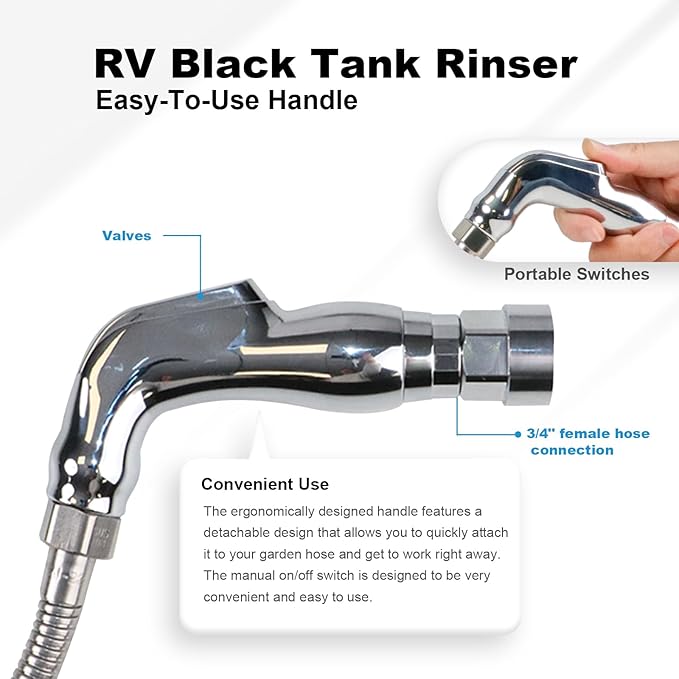 COOSPIDER RV Black Tank Flexible Swivel Stick Rinser 57 Inch, Stainless Steel Camping Toilet 360° Powerful Rotary Cleaning Hose with 1 Inch to 3/4 Inch Connector, for Black Sewer Holding Tank