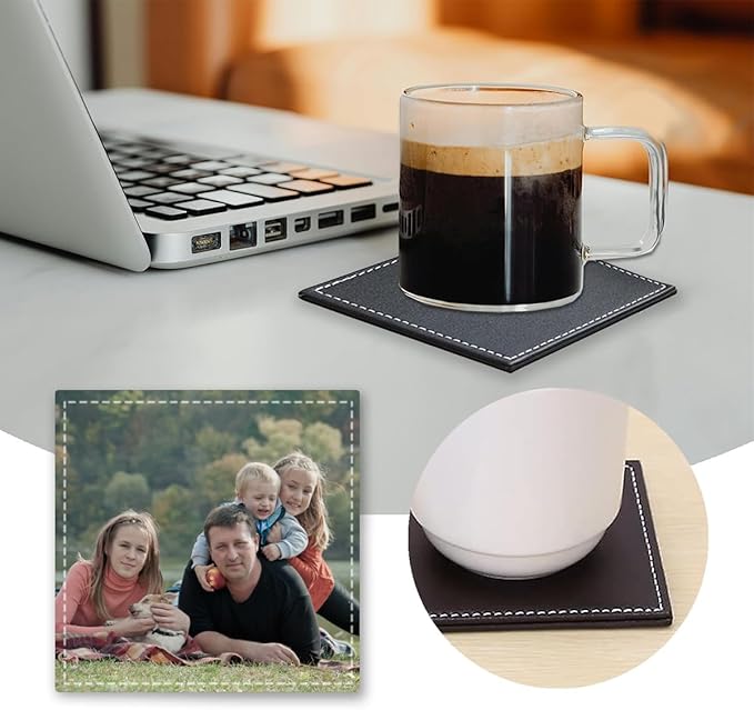 Custom Photo Coasters, Personalized Name Monogram PU Leather Coaster, Customize Logo Letter Non-Slip Heat Resistant Waterproof Reusable for Coffee Table Bar Beer Wine Cup Housewarming Wedding Party
