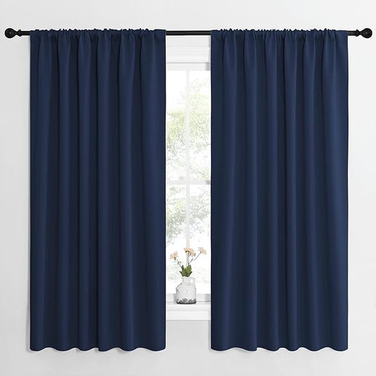 NICETOWN Blackout Curtains for Bedroom, Blackout Draperies, Home Decorations Thermal Insulated Solid Rod Pocket Blackout Drapes for Cafe (Navy, One Pair, 62 x 63-inch)