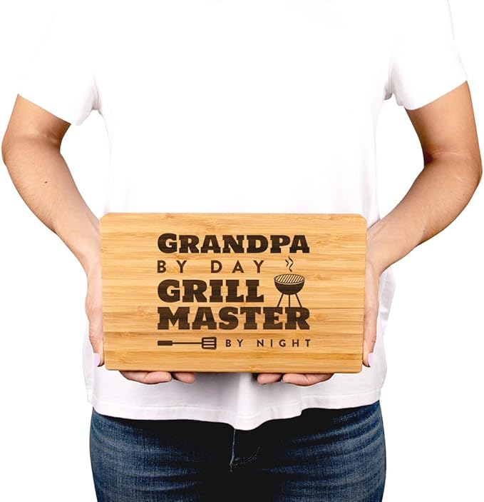 Andaz Press Laser Engraved Small Bamboo Wood Cutting Board, 9.5 x 6-inch, Grandpa by Day Grill Master By Night, 1-Pack, Father's Day Birthday Christmas Gift Ideas