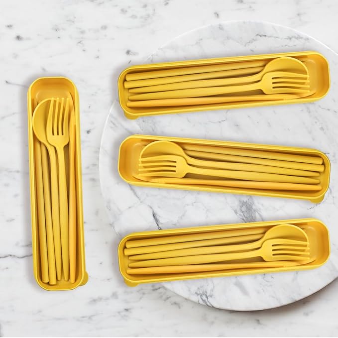 4 Sets Reusable Utensils Set with Case,Camping Cutlery Set Travel Silverware Set with Case Lunch Utensils Set for Work,Utensil Sets for Lunch Picnic Daily Use Outdoor (Yellow)
