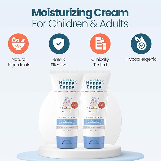 Happy Cappy Dr. Eddie's Moisturizing Cream - Baby Eczema Cream, Eczema Lotion for Kids, Pediatrician-Formulated, Gentle, Paraben Free, Hypoallergenic, Soothes Dry Skin - 6 Fl Oz (Pack of 2)