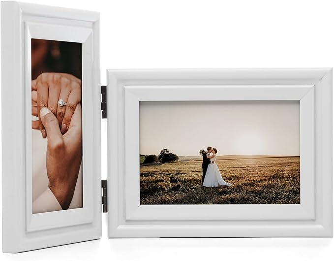 Vertical & Horizontal 4X6 Picture Frames Double Hinged Wood Folding Photo Frames with Real Glass Front Fit for Desktop or Tabletop, White XBAI-V46-H64
