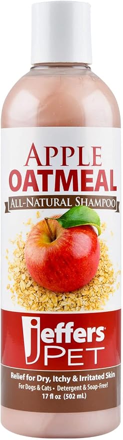 Jeffers Pet Apple Oatmeal Shampoo for Dogs & Cats, 17 oz - Gentle Coconut Based Formula w/Colloidal Oat Protein, Soap Free, Deodorizing Apple Scent, Sensitive Skin, Puppies Kittens Grooming Care