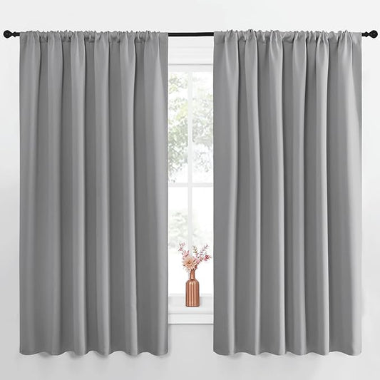 NICETOWN Short Curtains for Small Window - Thermal Insulated Rod Pocket Blackout Drapes/Draperies for Dining Room (2 Panels, W70 x L63 inches, Silver Grey)