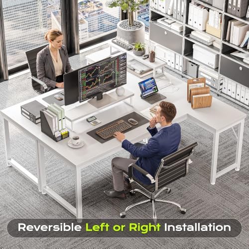 PRAISUN 53" L Shaped Computer Desk, Power Outlets, Monitor Stand, White