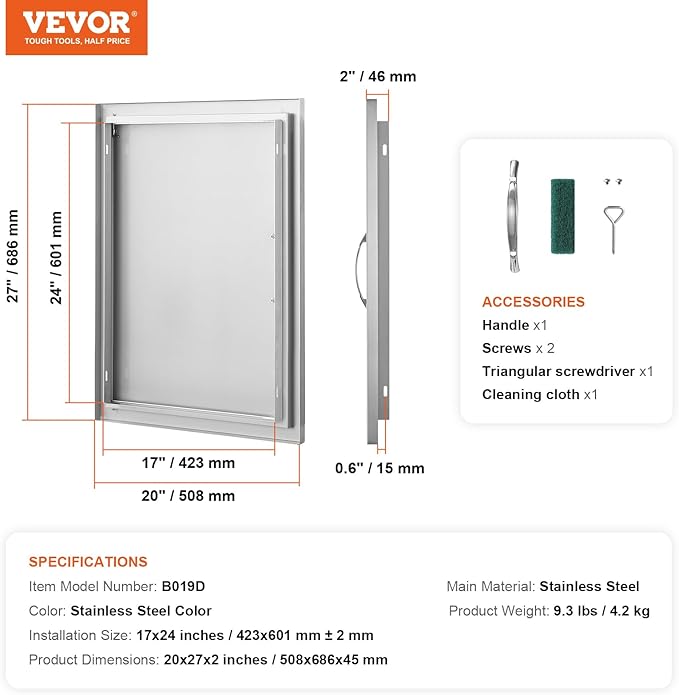 VEVOR BBQ Access Door, 27H x 20W Inch Stainless Steel Flush Mount Vertical Door with Handle for BBQ Island, Grilling Station